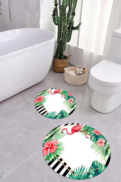 Napoli Home Ψηφιακό σετ τουαλέτας με στρογγυλό χαλάκι μπάνιου με πολύχρωμο σχέδιο φλαμίνγκο που πλένεται