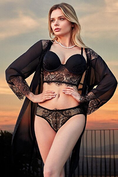 Nurteks 3519 Kadın Dolgulu Sütyen Külot Kimono Takım-siyah