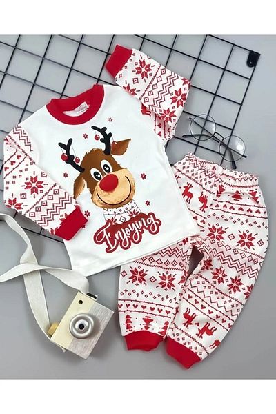 Süpermini New Year Christmas - Children's Pajama Set with Ethnic Patterned Deer 1-9 Years