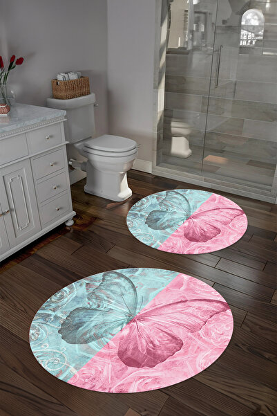 Napoli Home Set de toaletă rotund pentru covoraș de baie, model fluture color...