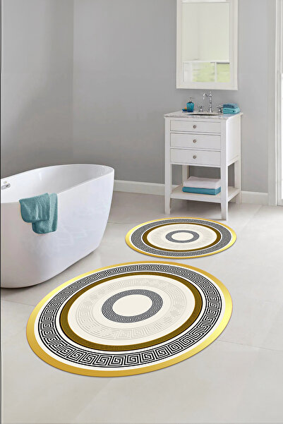 Napoli Home Digital Washable Non-Slip Classic Model Round Bath Mat Toilet Set, Klozet-53-Gold,