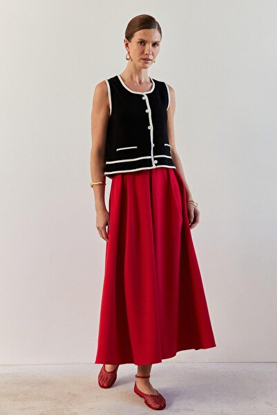 YOUR NAME Yüksek Bel Pile Detaylı Kırmızı Uzun Etek