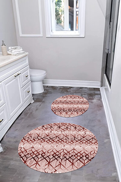 Napoli Home Digital Washable Non-Slip Base Line Patterned Round Bath Mat Toilet Set