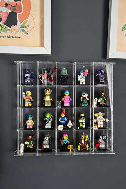 Minoleo 20 Bölmeli Lego Minifigür Kapaklı Pleksi Sergileme Duvar Rafı