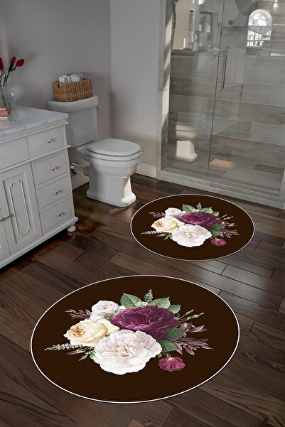 Napoli Home Ψηφιακό σετ τουαλέτας με αντιολισθητική βάση με λουλουδάτο σχέδιο, στρογγυλό χαλάκι μπάνιου