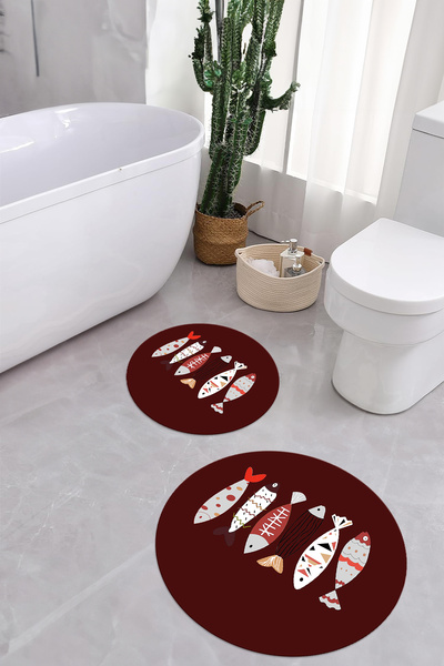 Napoli Home Set de scaun de toaletă rotund pentru baie, lavabil digital, cu model de pește colorat, WC-69-BORDO,
