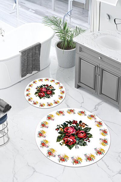 Napoli Home Digital Washable Framed Floral Pattern Round Bath Mat Toilet Set