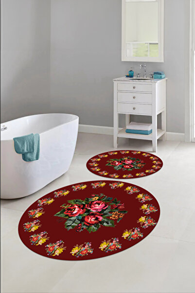 Napoli Home Digital Washable Framed Floral Pattern Round Bath Mat Toilet Set