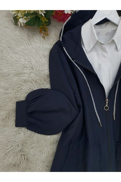 Modamorfo Navy Trench Coat with Hood, Zipper and Bag Pocket