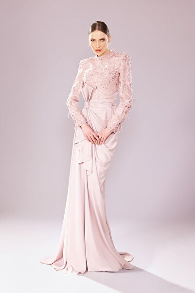 Katre Kenzel İşlemeli Uzun Kollu Tesettür Abiye Elbise