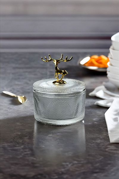 TrendDeco Gold Glass Sugar Bowl with Deer Detail