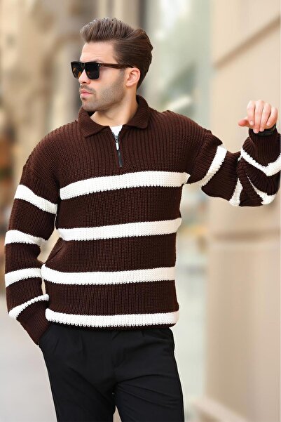 Madmext Καφέ μακρυμάνικο πουλόβερ με ριγέ γιακά πόλο με φερμουάρ 7283