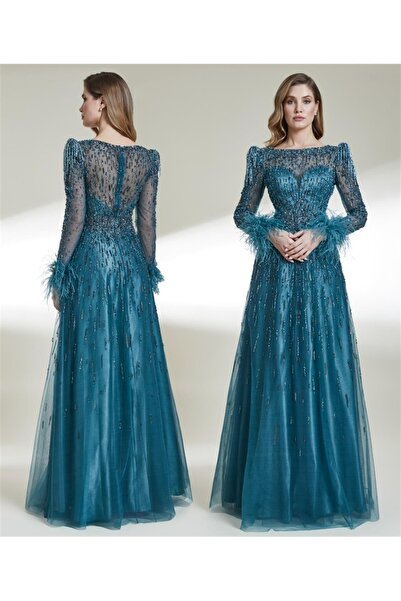 Genel Markalar KENZEL KOLLARI TÜY DETAYLI DANTEL TRANSPARAN ABİYE ELBİSE