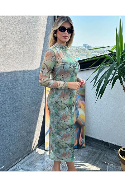 Kübra Tekstil Μακρυμάνικο φόρεμα Bodycon με μισό ζιβάγκο - 175