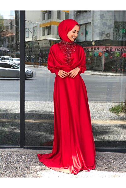 Genel Markalar KENZEL SATEN YAKA VE GÖĞSÜ TAŞ İŞLEMELİ ABİYE