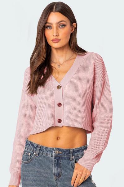 Madmext Long Sleeve Crop Powder Cardigan - Buttoned, Mg2198