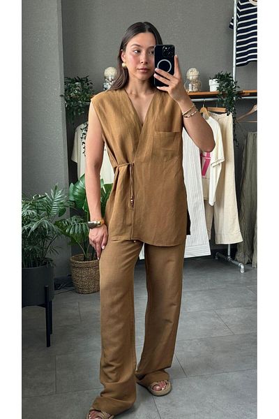 YOUR NAME Camel Color Women's Vest and Trousers Set - Front Tie and Bead Detail