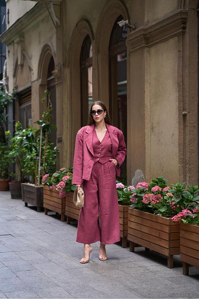 YOUR NAME Burgundy Linen Women's Trousers - High Waist and Pleated Loose Cut