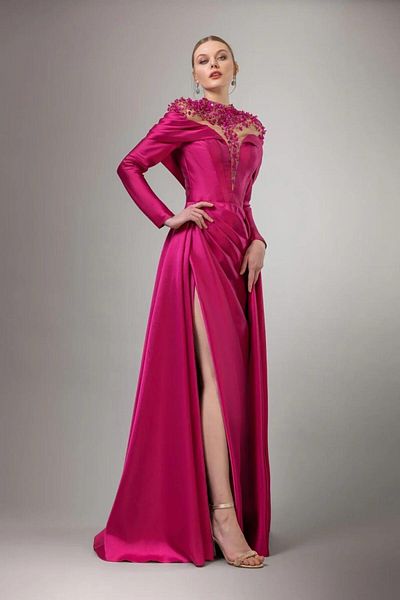 Katre Kenzel Draped Long Dress - Embroidered Collar Detail, Long Sleeve