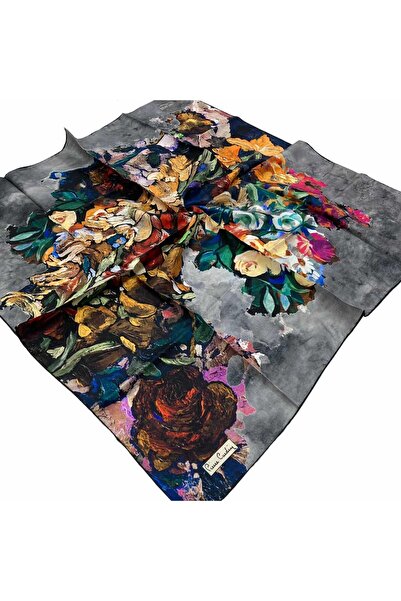 Pierre Cardin Koyu Gri Çiçek Desen Tivil İpek Eşarp 7660438-912