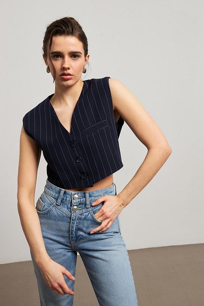 YOUR NAME Padded Crop Striped Navy Blue Women's Vest