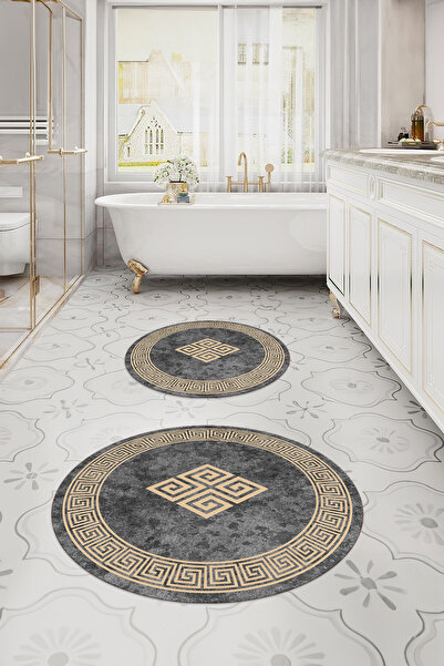 Napoli Home Κλασικό μοντέλο στρογγυλό χαλάκι μπάνιου με ψηφιακό πλενόμενο πλαίσιο και σετ τουαλέτας