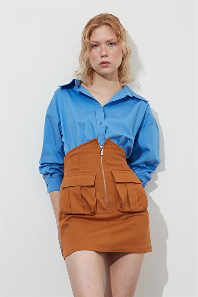 YOUR NAME Fusta mini din denim Camel cu buzunar cargo