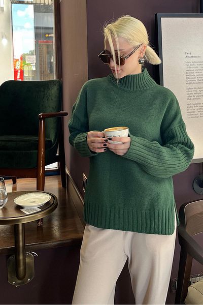 Madmext Khaki Half Turtleneck Wick Detailed Women's Sweater Mg2156
