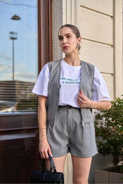 YOUR NAME Gray V-Neck Double Zipper Women's Vest