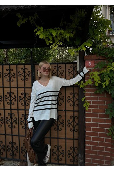 FİOXCO V-Neck White Striped Cotton Knitwear Sweater