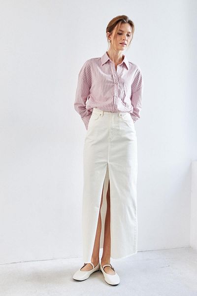 YOUR NAME High Waist Ecru Slit Long Denim Midi Skirt
