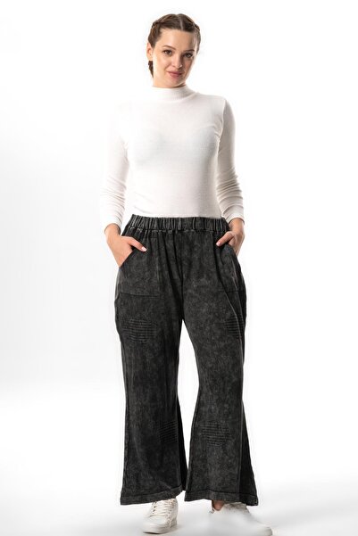 Eliş Şile Bezi Çisel Çift Cepli Sonbahar ve Kışlık Beli Lastikli Triko Pantolon Füme Fm