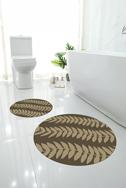 Napoli Home Σετ τουαλέτας με στρογγυλό χαλάκι μπάνιου με μοτίβο φύλλων με αντιολισθητική βάση που πλένεται