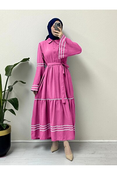 Modamorfo Φόρεμα με κεντημένα μέρη στα μανίκια και την φούστα - Φούξια