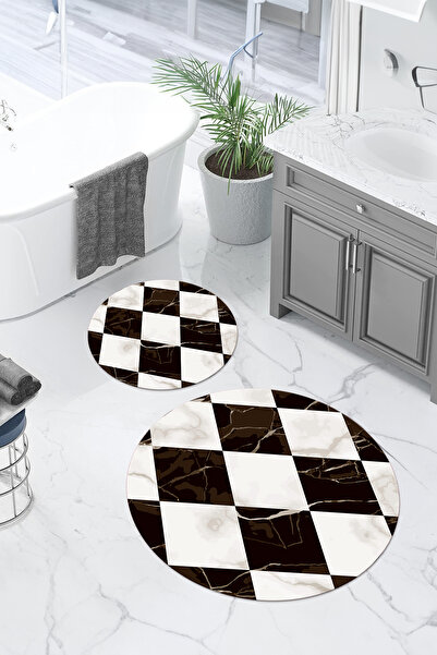 Napoli Home Σετ τουαλέτας με στρογγυλό χαλάκι μπάνιου με μοτίβο από μάρμαρο που πλένεται ψηφιακά