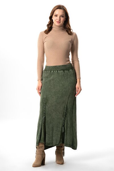Eliş Şile Bezi Beli Lastikli Berra Bağlama Detaylı Sonbahar ve Kışlık Uzun Triko Etek Haki Hk