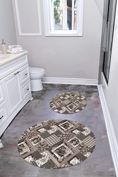 Napoli Home Ψηφιακό σετ τουαλέτας με κλασικό σχέδιο λουλουδιών που πλένεται με στρογγυλό χαλάκι μπάνιου