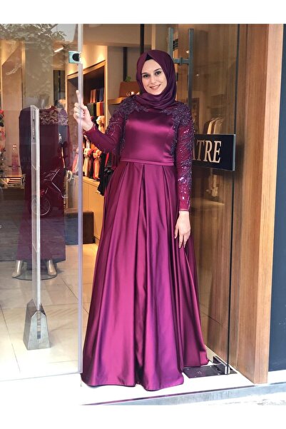 Katre Kenzel Plus Size Satin Evening Dress with Stone Embroidered Sleeves