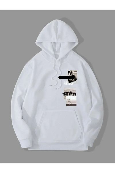 NO 601 Φούτερ με κουκούλα Unisex White New Moment με στάμπα μεγάλου μεγέθους