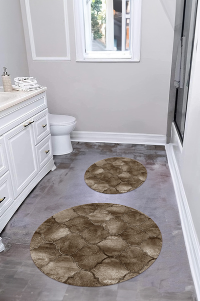 Napoli Home Ψηφιακό σετ τουαλέτας με αντιολισθητική βάση που πλένεται με μοτίβο κούπας, στρογγυλό χαλάκι μπάνιου