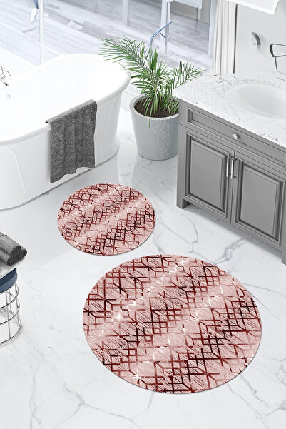 Napoli Home Digital Washable Non-Slip Base Line Patterned Round Bath Mat Toilet Set