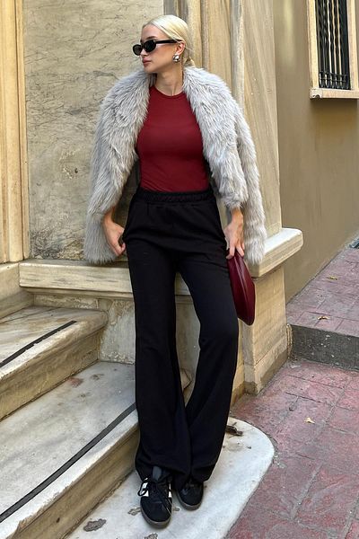 Madmext Black Elastic Waist High Waist Spanish Leg Knitwear Trousers Mg2211