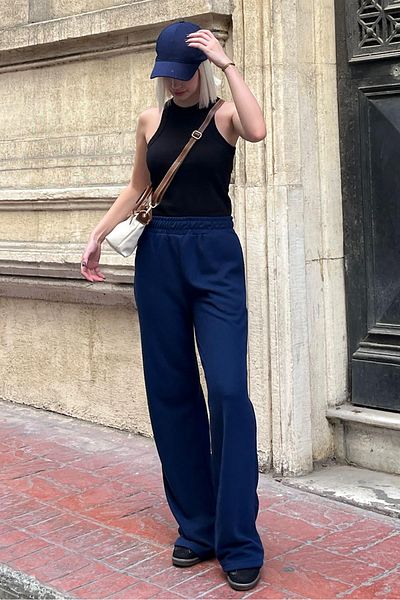 Madmext Navy Blue Elastic Waist High Waist Spanish Leg Knitwear Trousers Mg2211