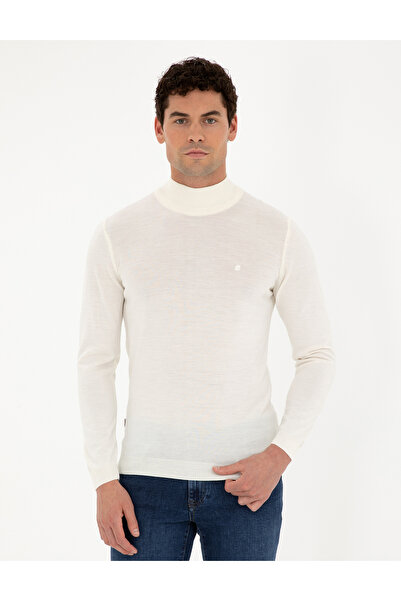 Pierre Cardin Ecru Slim Fit Half Turtleneck Wool Blended Basic Knitwear Sweat...