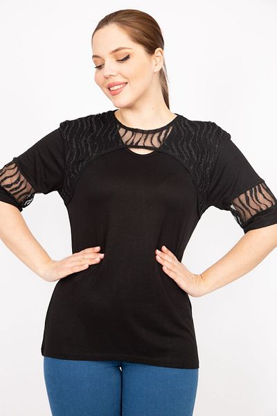 Şans Γυναικεία Μαύρη Plus Size Flocked Τούλι Λεπτομερής Μπλούζα 65n35880