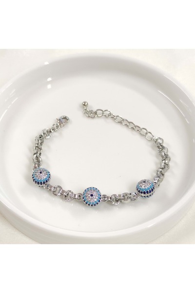 Güler Yüzlü Silver Fullyx Triple Social Eye Evil Eye Beaded Bracelet 17+5 cm Gold - White