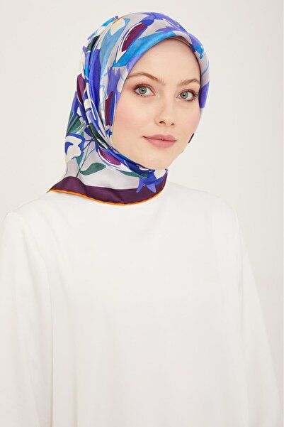 Armine Μελιτζάνα Μωβ - Μπλε Μοτίβο Λουλούδια Μεταξωτό Φουλάρι Tivil 9153 - 61