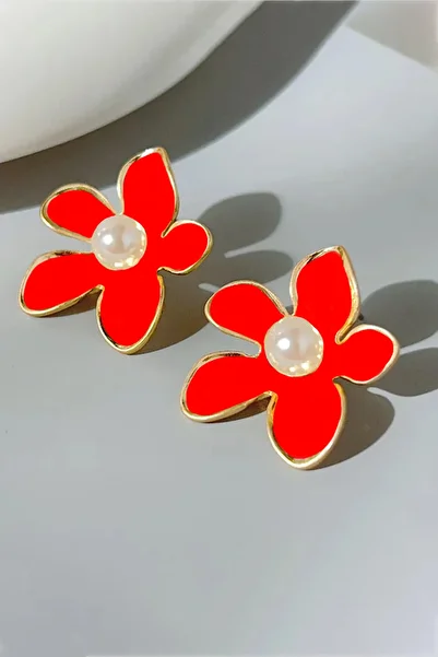 Glaren Flower with Pearls Red Color Women's Earrings