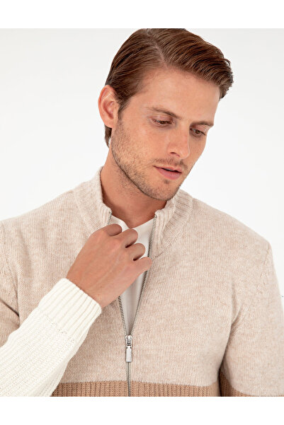 Pierre Cardin Ekru Regular Fit Yün Karışımlı Fermuarlı Triko Hırka 50296434-VR019