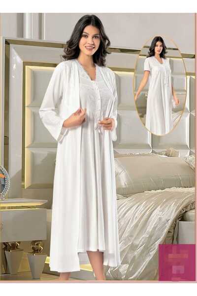 CT MODA Kadın Ekru Dantelli Özel Tasarım Pamuk Penye Hamile Lohusa Sabahlık G...